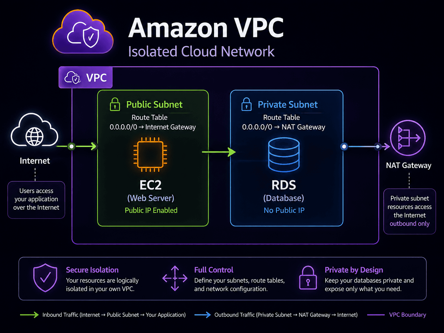 Amazon VPC architecture showing a public subnet with EC2 reachable from the internet, and a private subnet with RDS reachable only through a NAT gateway