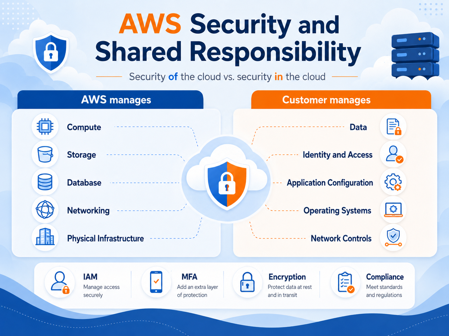 Study guide summarizing AWS-managed versus customer-managed responsibilities, plus IAM, MFA, encryption, and compliance