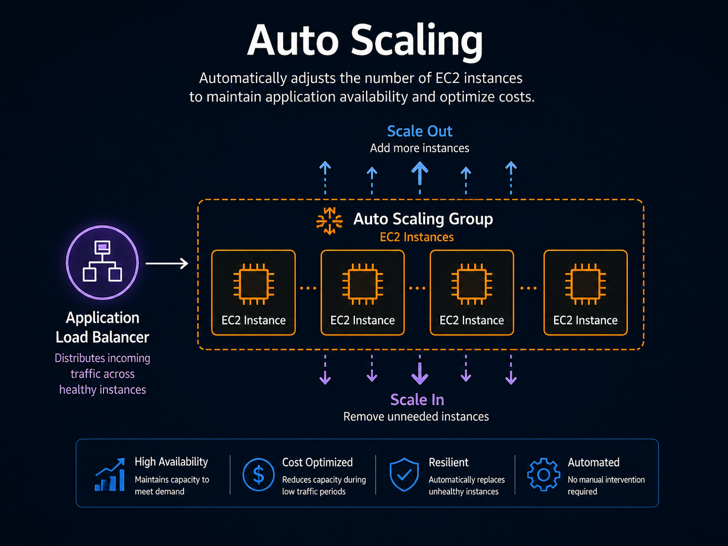 An Auto Scaling group behind an Application Load Balancer, scaling instances out and in based on Amazon CloudWatch metrics